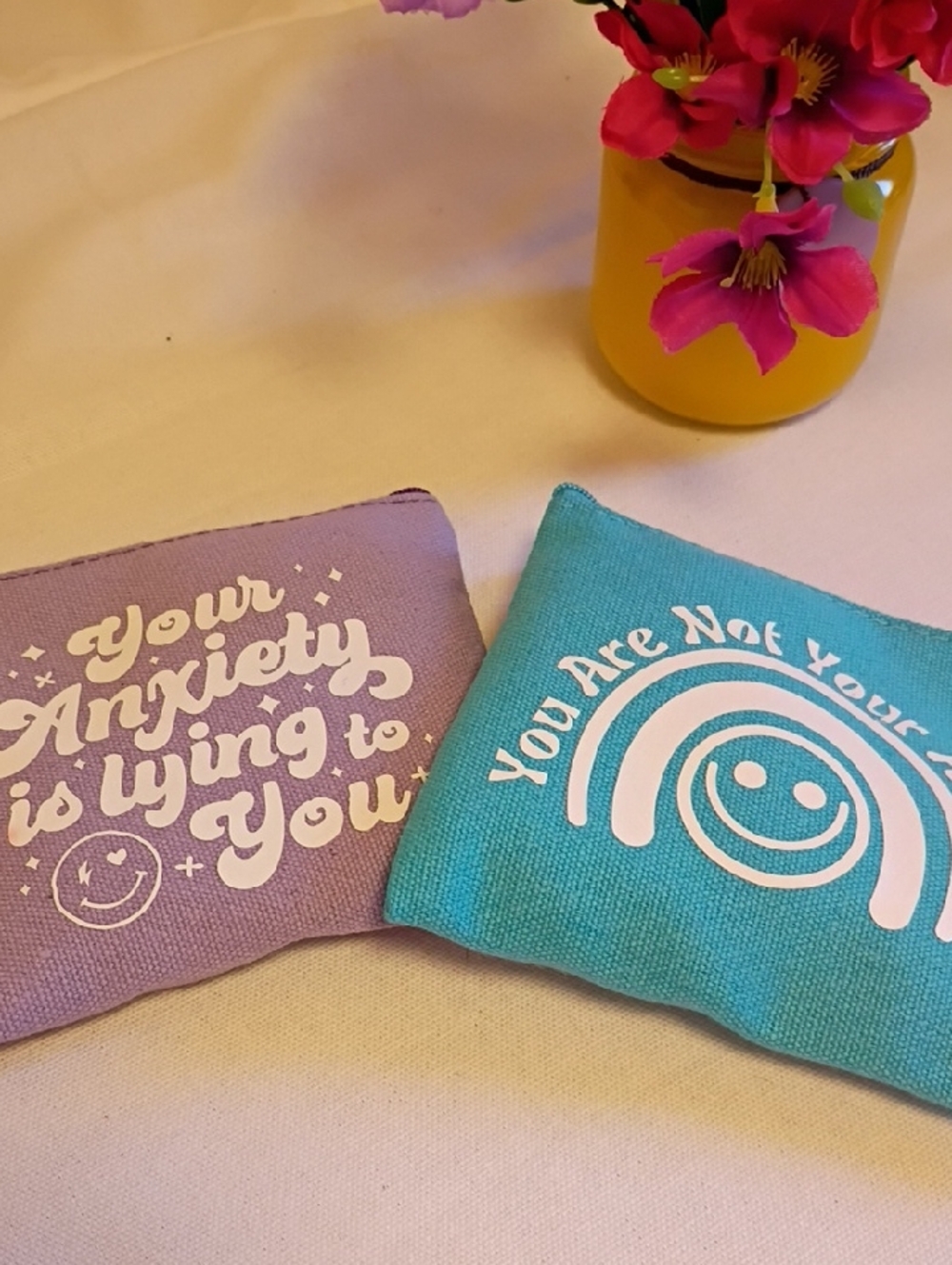 Set of 2 Inspirational Canvas Pouches - Teal & Lavender